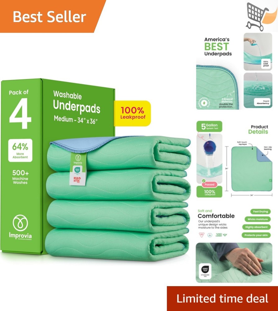 Washable Underpads Reusable Bedwetting Pads 34 x 36 Heavy Absorbency Pack of 4