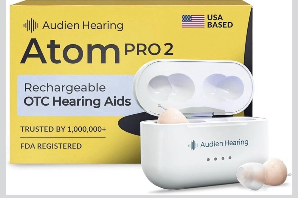 Audien ATOM PRO 2 Wireless Rechargeable OTC Hearing Aid & 6 Pair Of Earbuds NEW