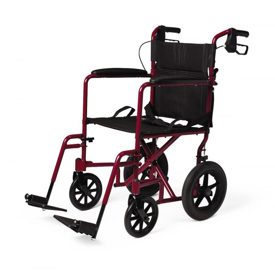 Medline Basic Aluminum Transport Chair, Red, 12 Inch Wheels, Foldable, 1 Count