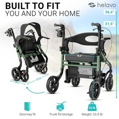 Helavo 2-in-1 Rollator Walker Wheelchair Combo, Foldable, 300lbs Capacity