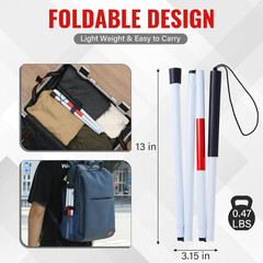 Foldable White Cane(Blind Cane) with Red Reflective Strip, 49 Inch Lightweight W