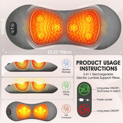 3-In-1 Update Rechargeable Electric Lumbar Support Pillow,Triple Fusion Back Mas