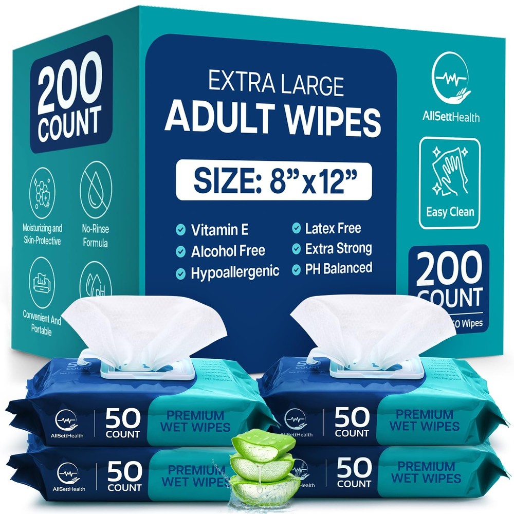 Body Wipes for Adults Bathing No Rinse – Adult Wipes for Elderly 8″ X 12″ (200 C