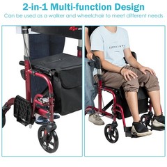 Folding Medical Rollator Walker Aluminum Transport Chair Adjustable Handle Red