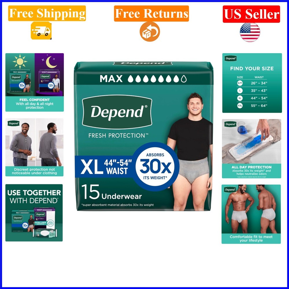 Fresh Protection Adult Diapers for Men Extra-Large Grey 15 Count
