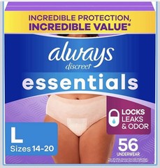 Always Discreet Essentials Adult Diapers Bladder Leak Protection Size L, 56 Ct
