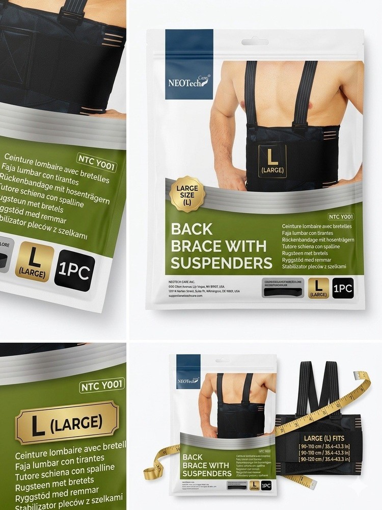 NEOTech Care Back Brace w/ Detachable Suspenders Ventilated Black L NTC Y001