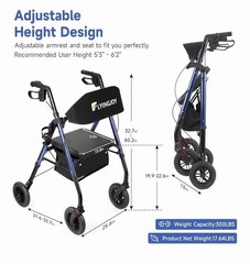 FlyingJoy Rollator Walker with Seat and Brakes BLUE 300 lbs Adults Bariatric