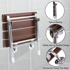 Wall Mounted Folding Shower Seat Bench Wood Slat Stainless Steel Legs