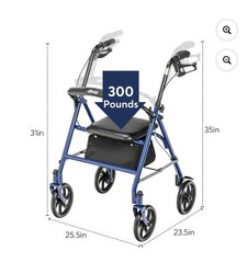 Drive 4-Wheel Rollator Walker, Padded Seat & Removable Backrest, Blue 300 lb