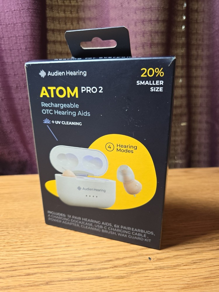 Audien Hearing ATOM PRO 2 CIC Rechargeable OTC Hearing Aids, UV Case, White