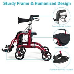 Folding Medical Rollator Walker Aluminum Transport Chair Adjustable Handle Red