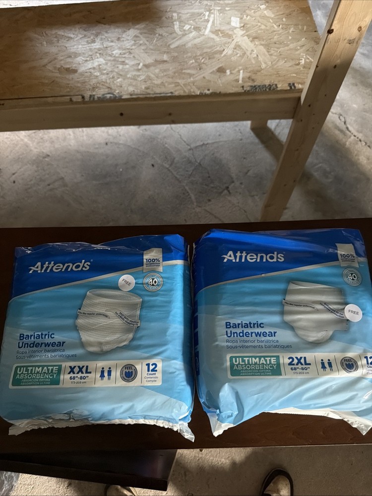 Attends Bariatric Underwear 2XL 68″ – 80″Ultimate Absorbency 12 Count -Lot Of 2
