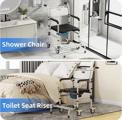 4-in-1 Adjustable Height Bedside Commode or Shower Chair w/ Wheels, 350 lb