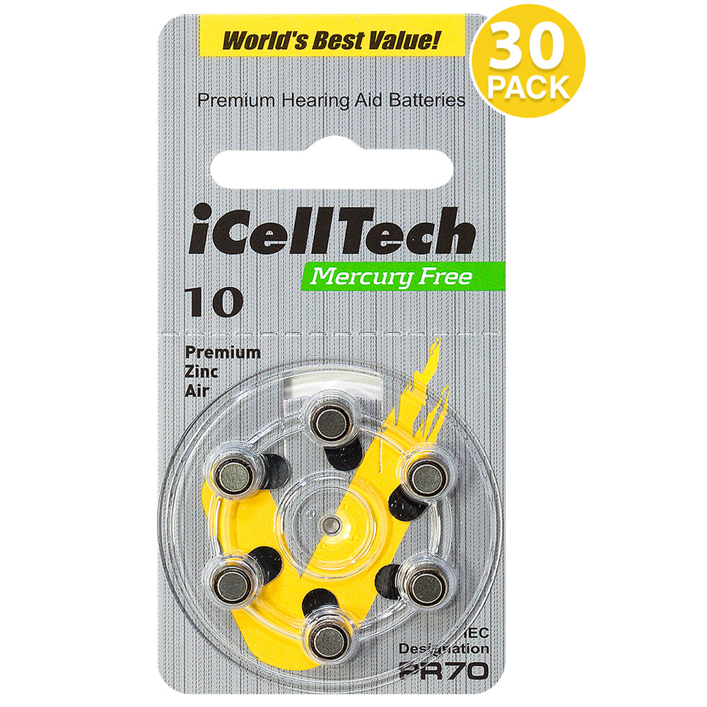 iCellTech Size 10 Hearing Aid Batteries PR70 P10 Zinc Air 1.45V (30 Pack)