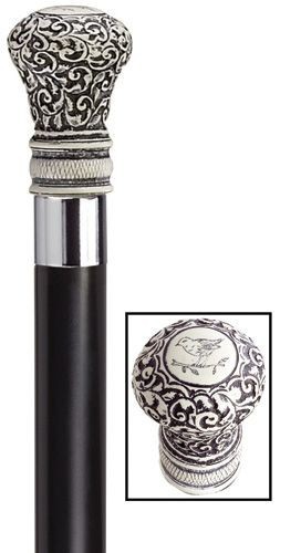 Simulated Scrimshaw Regency Bulb Knob w/ Bird Handle on Black Shaft Walking Cane