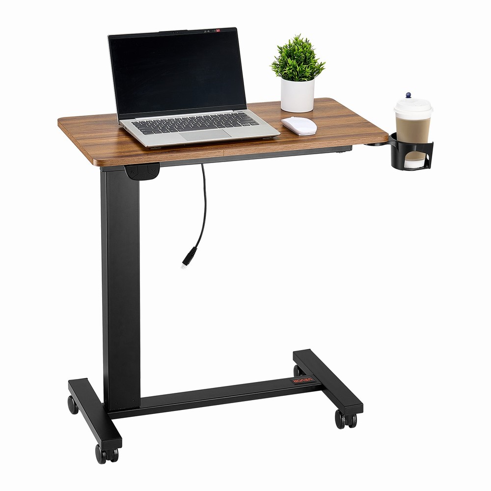 Uimoso Overbed Table Mobile Bed Side Desk with Electric Lifting & 4 Wheels Wood