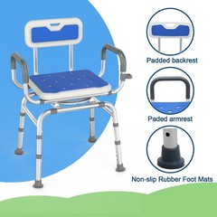 Loyoda Swivel Shower Chair with Padded Armrests and Backrest for Swivel, Blue