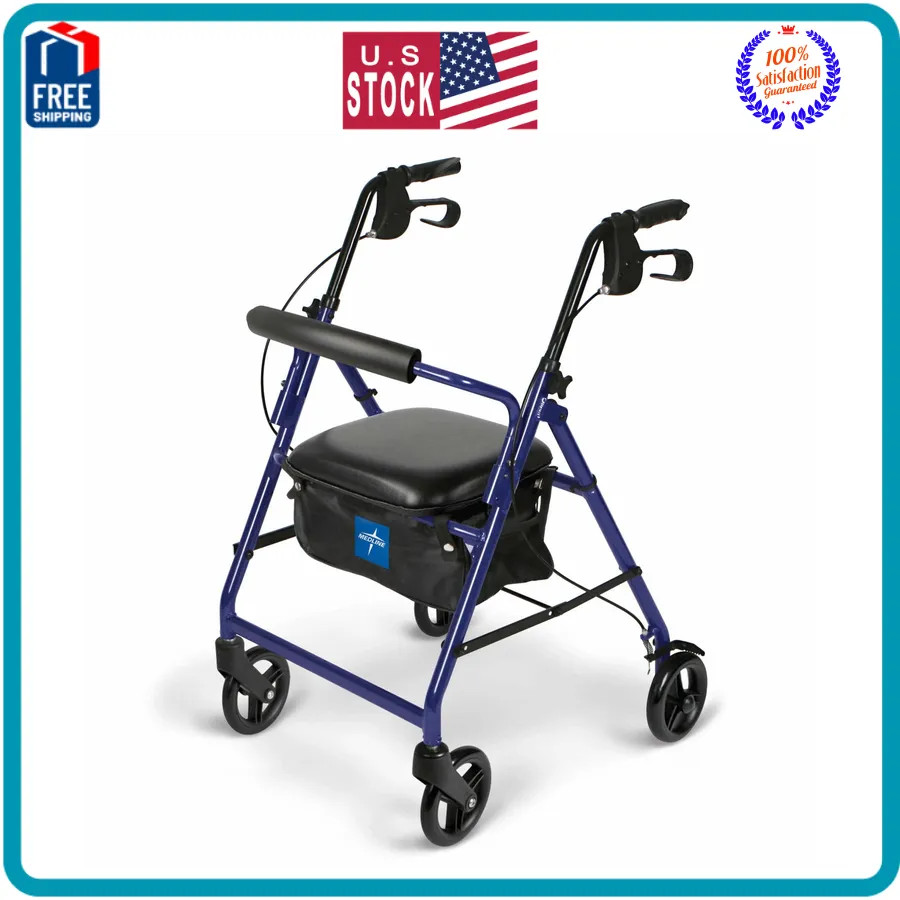 Medline Lightweight Aluminum Rollator Folding Walker 6 Inch Wheels 250lb Blue