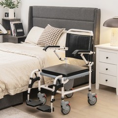 4-in-1 Bedside Commode Chair w/ Wheel Commode Wheelchair w/Detachable Bucket