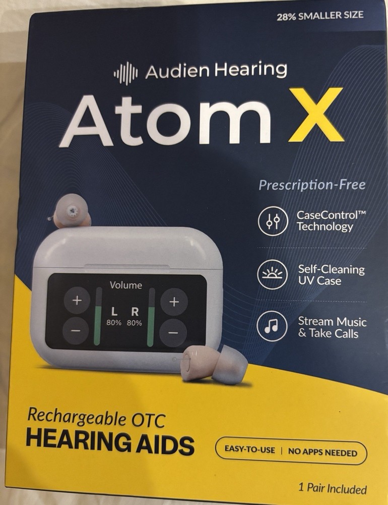 Audien Hearing Atom X ITE Rechargeable Hearing Aids Stream Calls/Music w/ Case