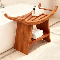 Share 23″ Teak Shower Bench with Curved Seat & Storage Shelf, Holds 500 LB