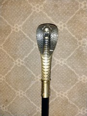 Walking Cane Decorative Cobra Snake Head Handle, Black Gold Silver, Metal