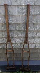 Vintage Handmade Wood Non-Adjustable Crutches Mottled Dark Patina About 48″ Tall