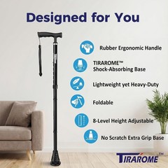 Walking Cane – Collapsible, Rubber Handle, Shock Absorbing Base, 8-Level Heig…