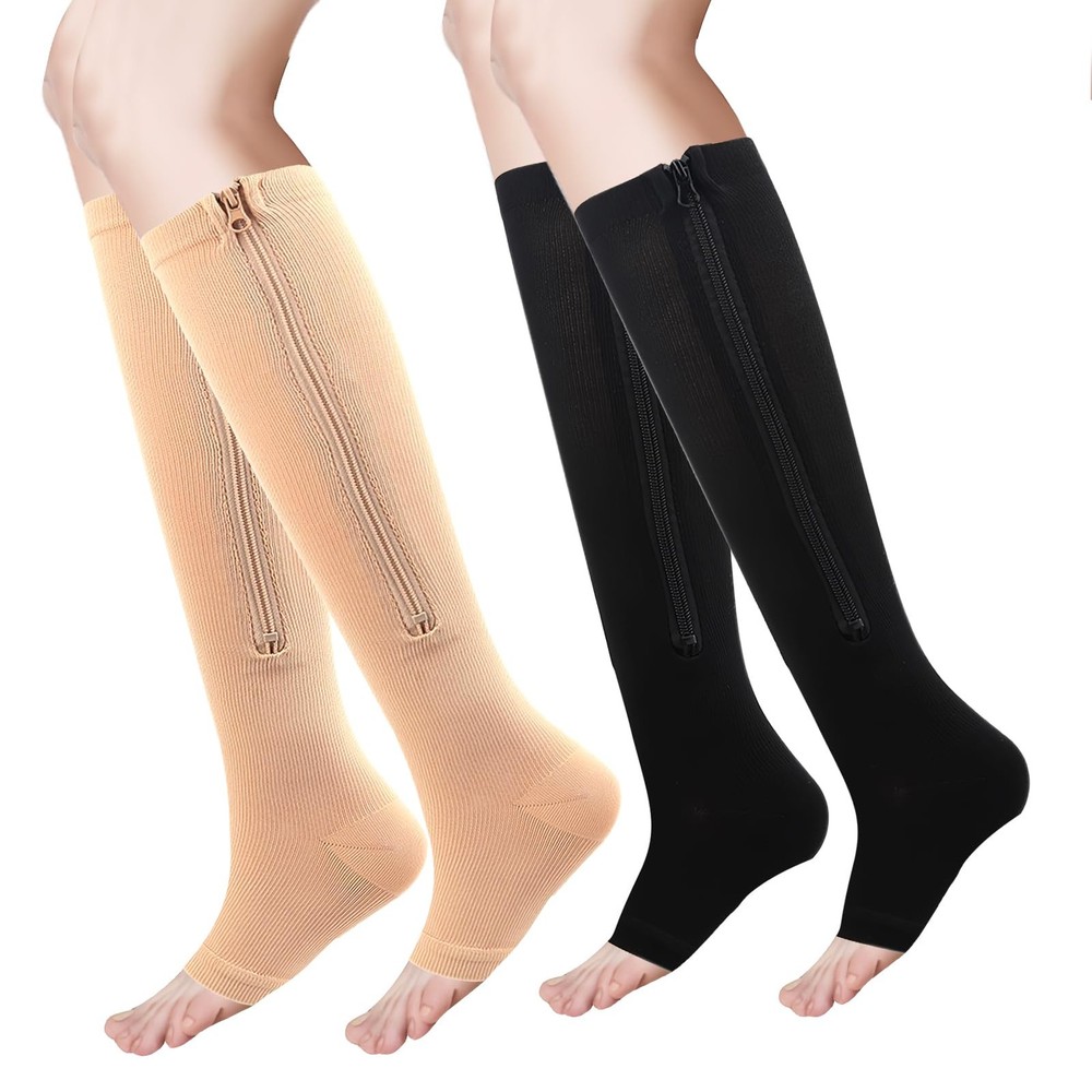 2 Pairs Zipper Compression Socks for Men Women, 15-20mmHg Open Toe Compressio.