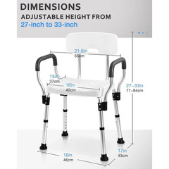 16 In. Heavy Duty Aluminum Shower Seat with Back, Arms and Adjustable Height for