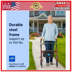 Medline Steel Rollator Walker with Seat, Foldable, Burgundy