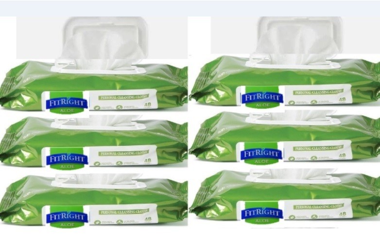 MedLine FitRight Aloe Personal 288 Ct Cleansing Wipes 8×10, 6Packs, 48Shts Each