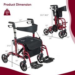 Folding Medical Rollator Walker Aluminum Transport Chair Adjustable Handle Red