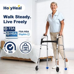 Lightweight Folding Walker with Wheels, Adjustable Height, Supports 350 lbs, Inc