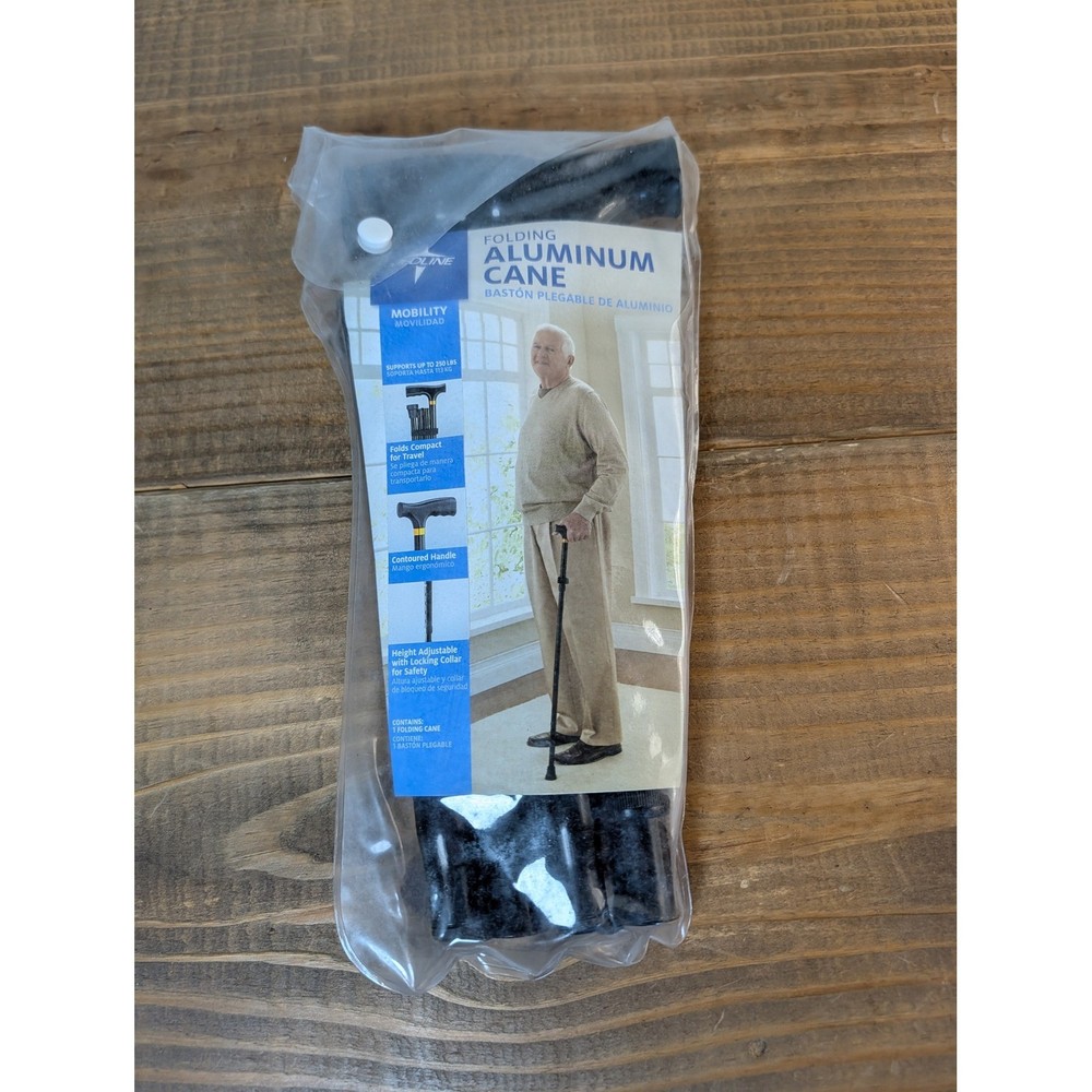 Medline Folding Aluminum Cane Black Adjustable Height 250lb Capacity MDS86430W