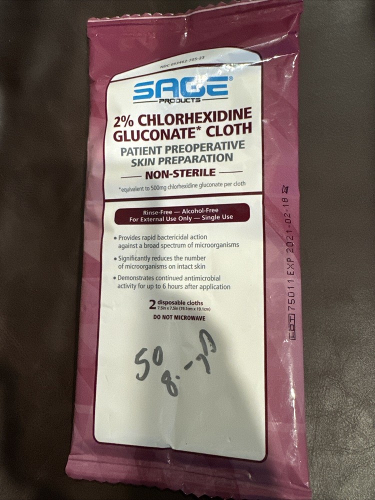 SAGE 2% Chlorhexidine Gluconate Cloth PATIENT PreOp SKIN Prep 2 CLOTHS 9707