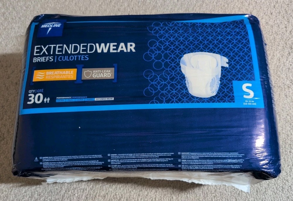 Medline Extendedwear Adult Briefs, 30 Count 19-31in, Anti Leak Guard Small 26