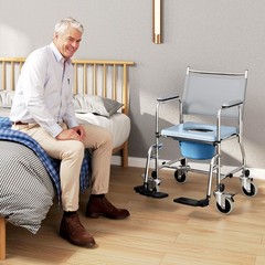 HOMCOM Rolling Shower Chair with Wheels, Bedside Commode Wheelchair with Padded