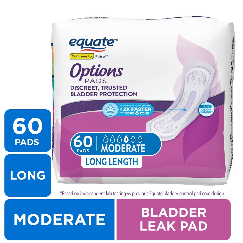 Equate Options Women’s Incontinence Pads Long Length 60 Ct Leak Protection