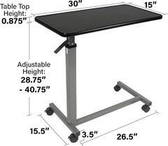 Vaunn Medical Adjustable Overbed Bedside Table with Wheels Black