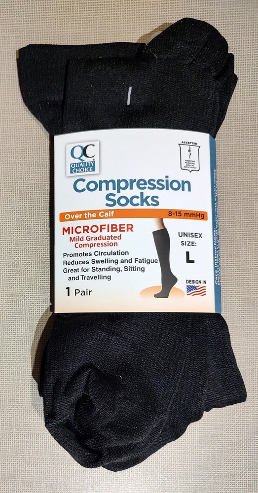 Compression Socks Over The Calf Microfiber Unisex Large 8-15 mmHg Black 1 Pair