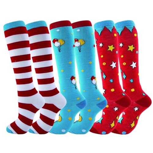 3 Pairs Funny Movie Sock Red and White Striped Crazy Knee High Large-X-Large