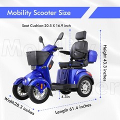 Heavy Duty 4-Wheel Mobility Scooters 31 Miles 3-Speed 800W 500lbs Capacity