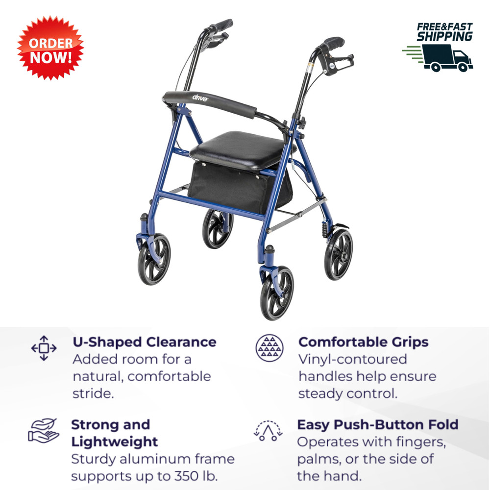 Drive Rollator Walker with Seat Foldable 7.5″ Wheels Steel Frame 350lb Blue