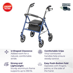 Drive Rollator Walker with Seat Foldable 7.5″ Wheels Steel Frame 350lb Blue