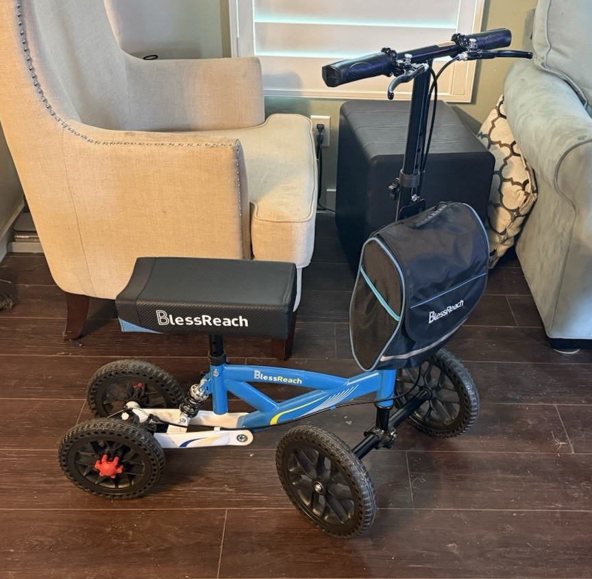 BlessReach 4-Wheel Knee Walker Scooter w/ Handbrakes, Storage, Blue/Black