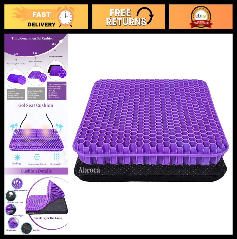Double Thick Gel Seat Cushion for Office, Wheelchair, Car – Pain Relief & Coolin