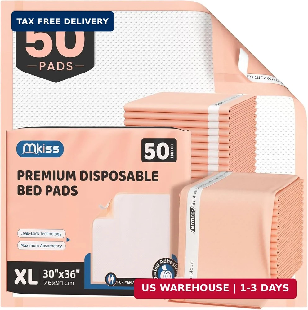 MKISS Bed Pads with Adhesive Strip 30″x36″, 50 Count, Thick Absorbent Incontinen