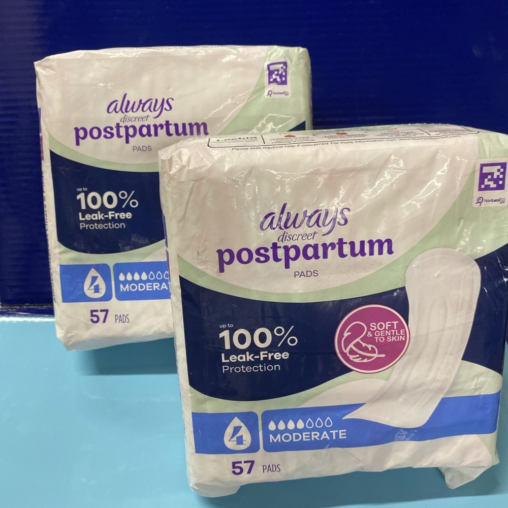 2 X Always Postpartum Discreet for Sensitive Skin Size 4 Moderate, 57 Ct ea